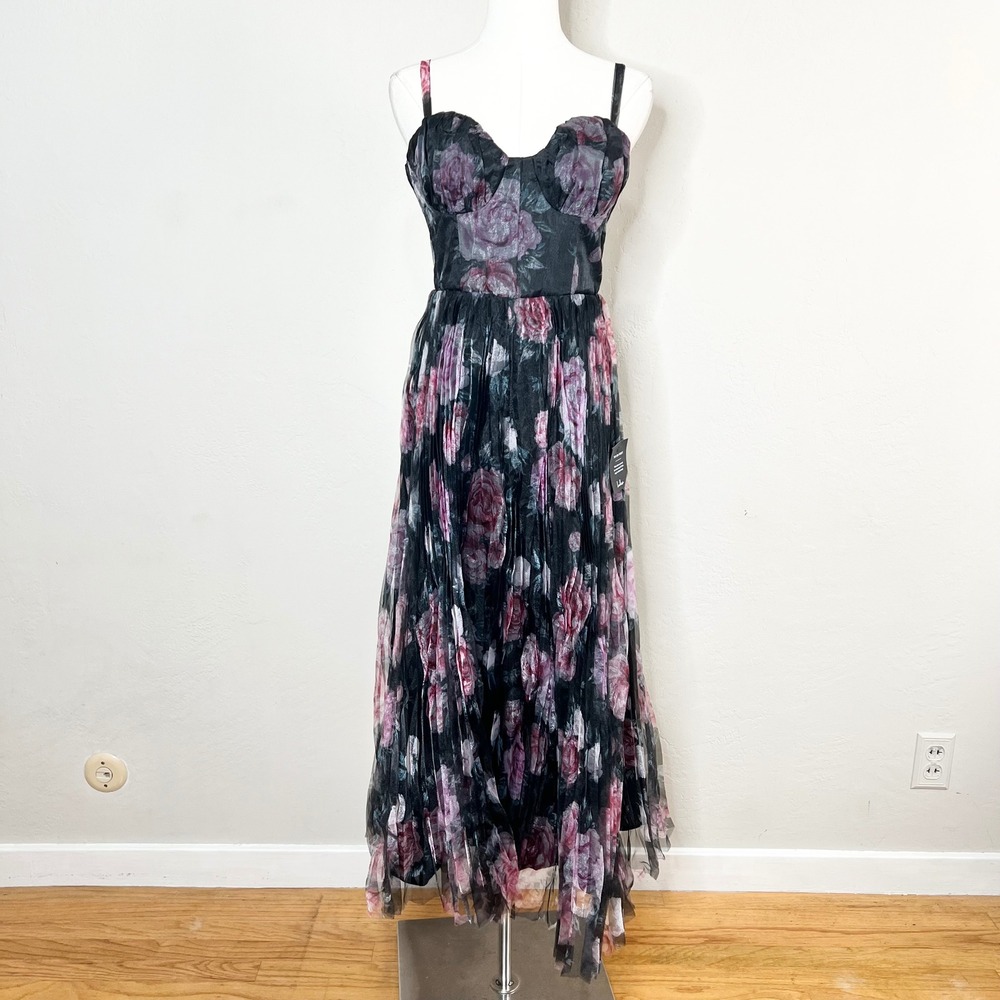 Lulus Midi Dress Black‎ Floral Bustier Tulle Sweetheart NWT Small Romantic Goth